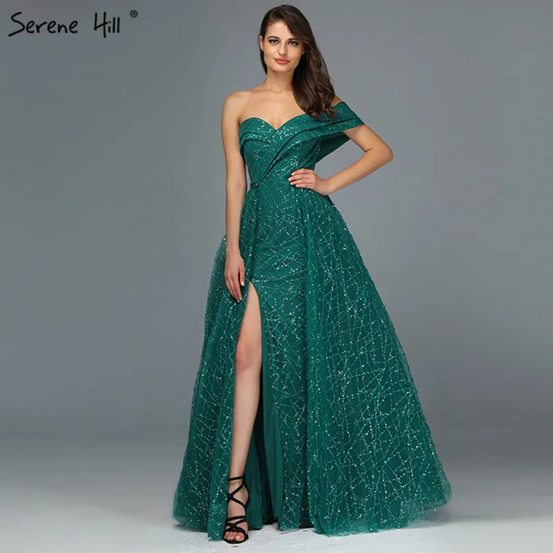 

Dubai Green Luxury Sparkle Sexy Evening Dresses 2019 One Shoulder Sequined Pearls Evening Gowns Serene Hill DLA60758