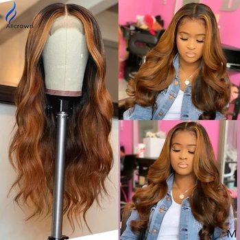 

ALICROWN Ombre Highlight Body Wave 13*6 Lace Front Human Hair Wigs150% Density Pre-PluckedWith Baby Hair Non-Remy Bleached Knots