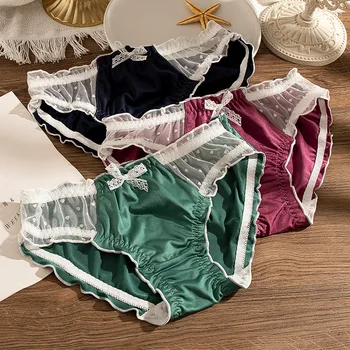 

New Sweet Milk Silk Fresh Mesh Women Underwear Low Waist Lace Bow Elasticity Solid Loose Sexy Comfortable Silky Female Panties