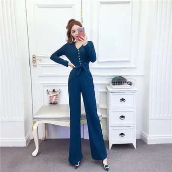 

Women Fashion Solid V Neck Single-breasted Lacing Bow Rompers Full Length 2020 Spring High Quality Womans Big Size Jumpsuit