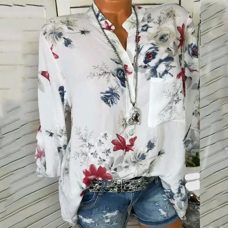 Осенняя женская рубашка модная с v-образным вырезом с длинными рукавами рубашка Свободная Повседневная шифоновая рубашка