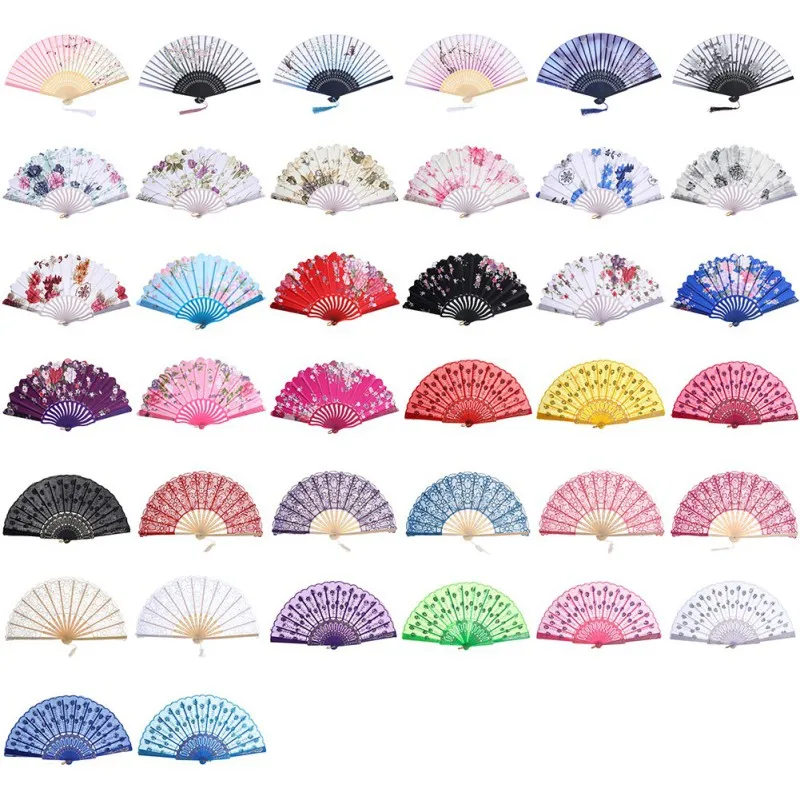 Satin Handheld Fan with Plastic Ribs Floral Decorative Folding Fan for Home Wedding Decoration Dancing Party