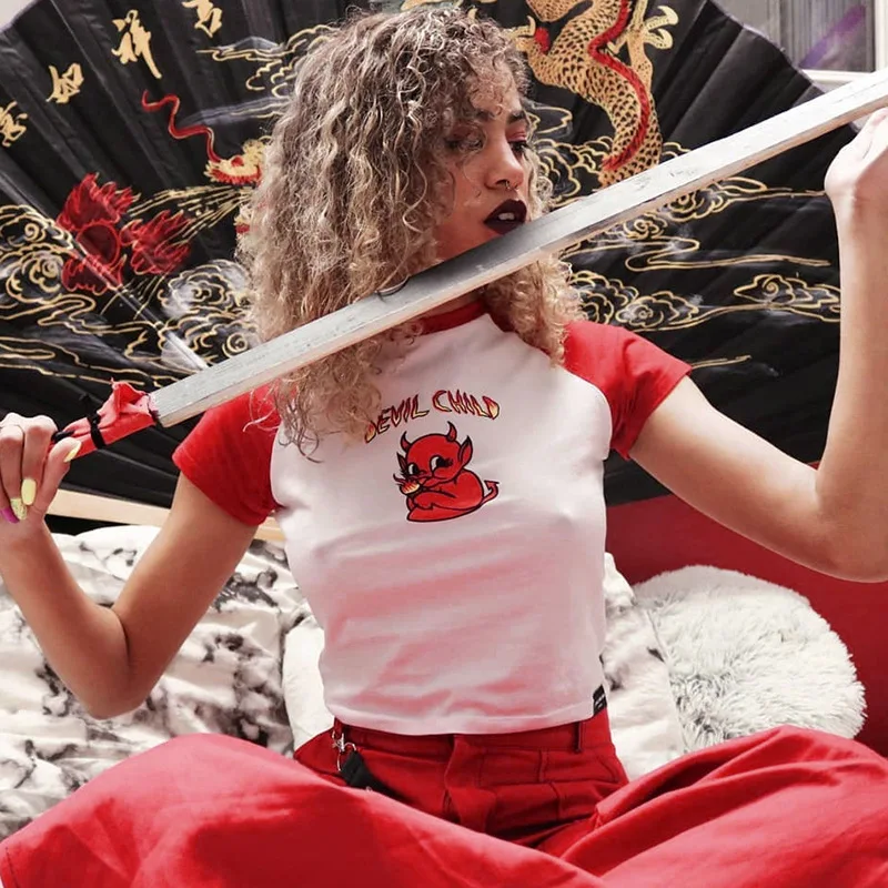 

Woman Pullovers Pure Cotton Short Sleeve Small Devil Printing Strange Things T-shirt women Street Trendsetter