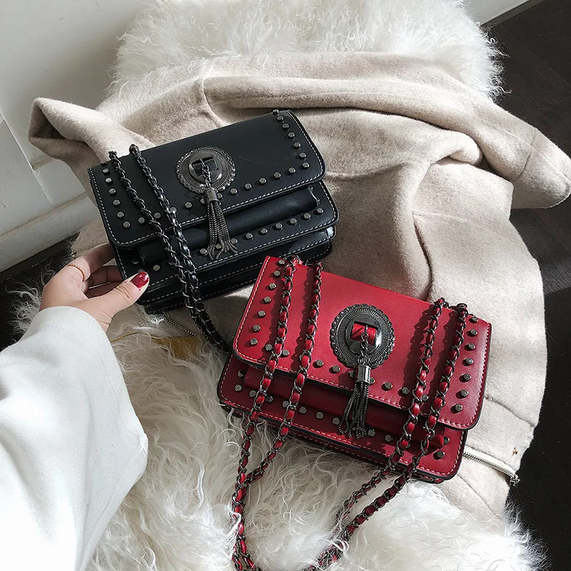 

2019 Early Spring Retro Tassels Punk Square Sling Bag Chain Shoulder Oblique WOMEN'S Bag