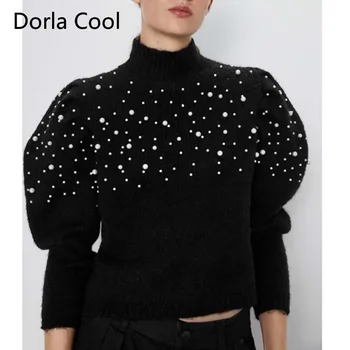 

New Designer Women Beading Sweaters Winter Basic Turtle Neck Loose Pullover Feminine Black Knitted Jumper Christmas Sweater Top