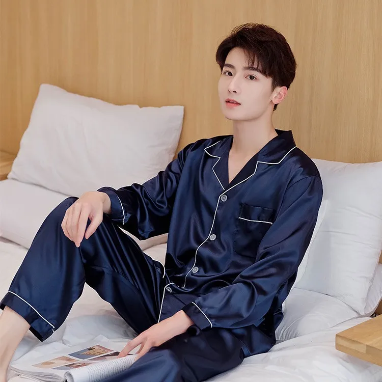 Sleepwear Navy Blue Silk Nightgown Navy Blue Men Satin Pajamas Set
