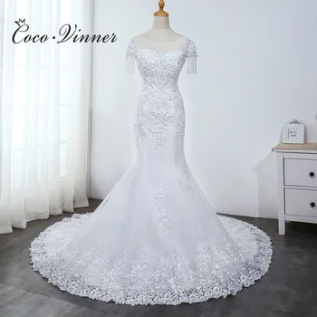 

Hollow Back Sheer Neck Short Sleeve Mermaid Trumpet Wedding Dress 2020 New Heavy Beading Lace Embroidery Bride Dress WX0042