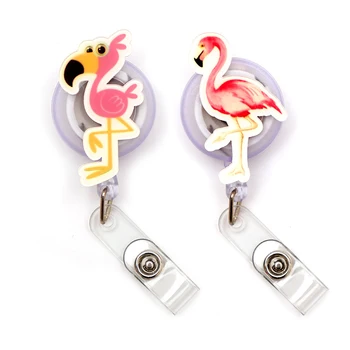 

New Style Pink Flamingos Pattern Plastic Badge Reel Holder Elastic Name Card Simple & Easy To Use For Nurse & Students