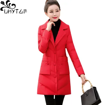 

UHYTGF Women winter jacket quality down jacket casual warm coat single-breasted slim elegant female Plus size tops outerwear 958
