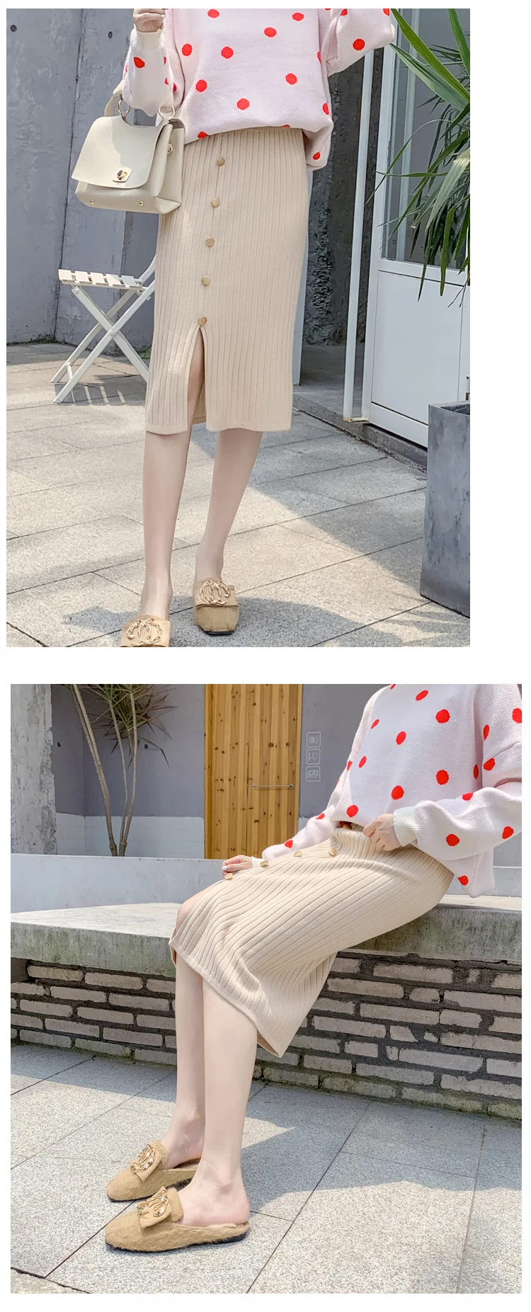 Knit winter skirt long skirts womens2019 autumn and winter skirt long skirt was thin single-breasted split midi skirt