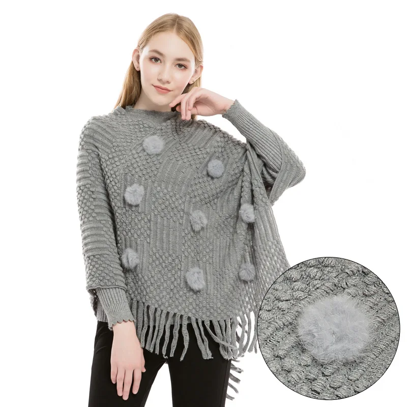 

Luxury rabbit hair ball winter poncho cashmere knit warm clock cape femme solid color tassel ponchos and capes woman coat