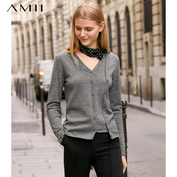

Amii Minimalist V Neck Shirt Women Spring Causal Solid Buttons Fake Two Pieces Long Sleeve Wool Female Pullover Sweater 11920007