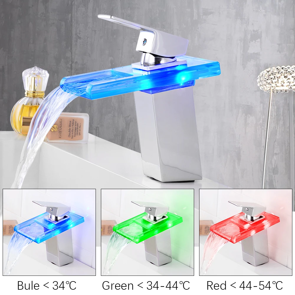Led Light Basin Faucets Glass Waterfall Bathroom Faucet Deck Mounted Wash Sink Taps Color Changes Temperature Hot And Cold Tap Led Light Basin Faucets Glass Waterfall Bathroom Faucet Deck Mounted Wash Sink Taps Color Changes Temperature Hot And Cold Tap