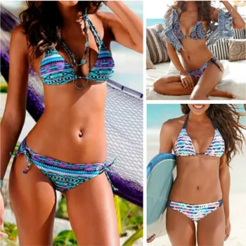 

Woman Swimsuit Suit Ins Wind Retro Biquini Printed Split Bikini Beach Swim Swimsuit Strapped Sexy Thong Wholesale