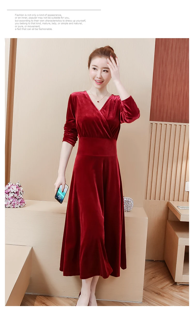 women velvet plus size L-5XL dress XXL XXXL 3XL XXXXL 4XL V-neck autumn winter A-Line Skater slim Casual Swing midi dresses