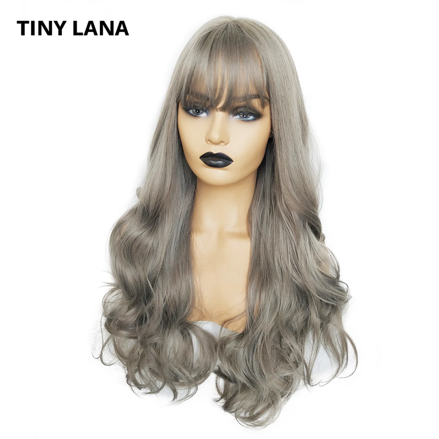 

TINY LANA 26" Long Gray Womens Wigs With Bangs Heat Resistant Synthetic Kinky Curly Wigs for Women African American lolita wig