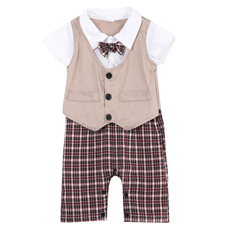 

Newborn Kid Baby Boy Gentlemen Romper Infant Outfits Set Jumpsuit Summer Short Sleeve Plaid Bowknot Button Cotton One Piece Suit