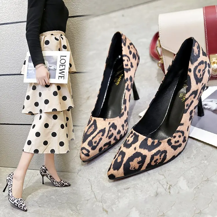 

Shoe Women's 2019 New Style Korean-style Leopord Pattern Low-Cut Suede Thin Heeled Online Celebrity High Heel Shoes Versatile Pa