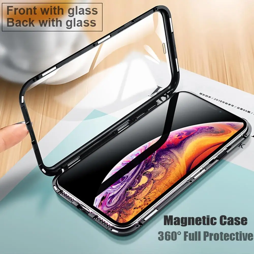 Magnetic Glass Metal Case For iPhone XS MAX XR X 7 8 Plus 11 Double Sided Tempered Magnet Full Protector Cover for Samsung |