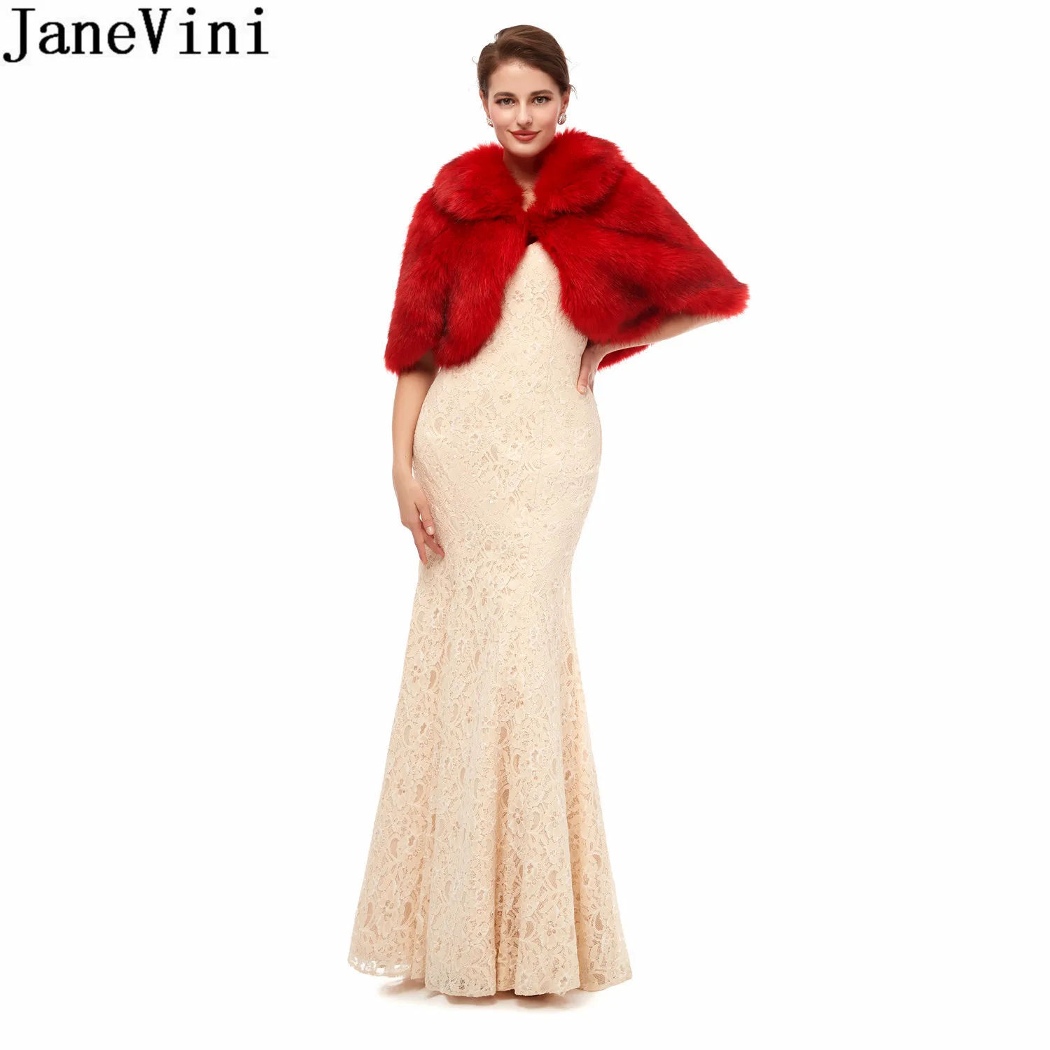 JaneVini Dark Red Bridal Bolero Jacket for Wedding Winter Evening Prom Artificial Faux Fur Stoles Women Shrugs Coat Cape Wraps