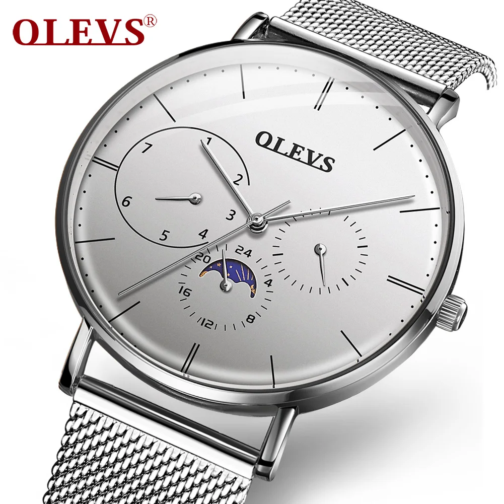 Original Top Brand Men's Ultra Thin Quartz Watch Chronograph Moon Phase Watches Waterproof Sport Clock Business Wristwatch - Цвет: Mesh-Silver white