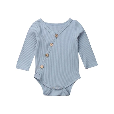 Light Blue Комбинезон с длинными рукавами для новорожденных; боди для маленьких мальчиков и девочек; Однотонный комбинезон с деревянными пуговицами; сезон осень-зима; повседневная одежда для детей от 0 до 24 месяцев; A20 - Цвет: Light Blue