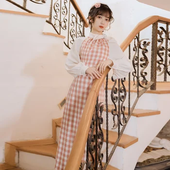 

COIGARSAM Vintage Patchwork Women dress New High Waist Dresses Pink Plaid 6006