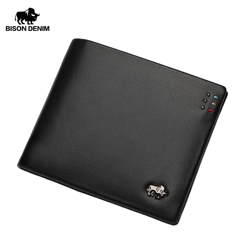 Online BISON DENIM Casual de Negocios Hombres Cartera Capa Superior de cuero Genuino Bolsos Men Carteras Cortas de Metal Logotipo de la Marca Billetera Delgada N4411 3B