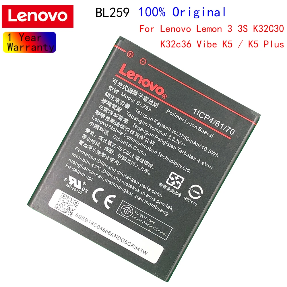 Original 2750mAh BL259 For Lenovo Lemon 3 3S K32C30 K32c36 Vibe K5 / Plus A6020a40 A6020 a40 A 6020a40 Battery | Мобильные телефоны