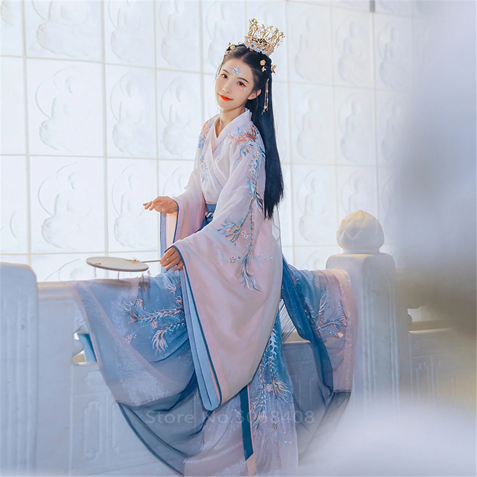 Элегантный Hanfu для женщин вышивка сетки 6 м большие качели Феникс Вышивка Hanfu градиент цвета платье феи для девочек представление