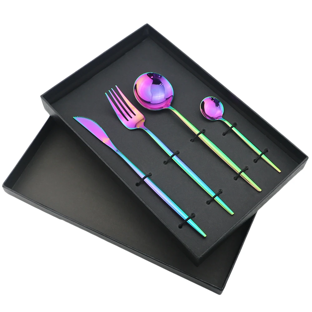 4Pcs Rainbow 24 шт. золотой набор посуды набор столовых приборов класса люкс из нержавеющей стали столовый набор вилка нож ложка посуда столовое серебро с деревянной подарочной коробкой - Цвет: 4Pcs Rainbow
