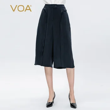 

VOA deep Tibet blue heavyweight real silk mid waist pocket fold tight binding retro casual simple 7-point wide leg pants K962