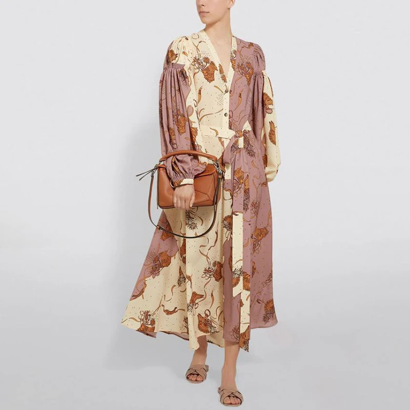 

Bohemian Style Print Dress For Female V Neck Lantern Sleeve Asymmetrical Dresses For Women Summer 2019 Fashion