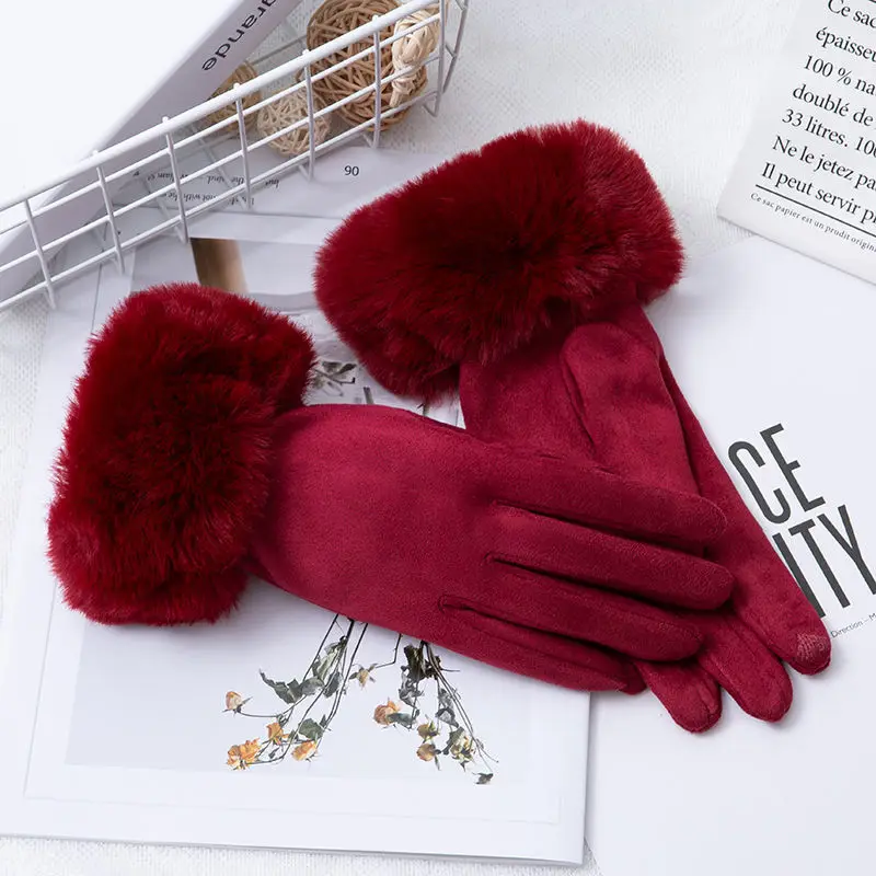 Winter Suede Leather Internal Plush Full Finger Outdoor Riding Warm Gloves Woman's Plush Thick Touch Screen Driving Mittens H92
