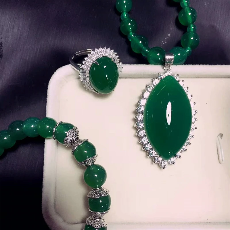 LETSFUN Fine Jewelry 925 Серебро инкрустированные натуральный халцедон кулон ожерелье кольцо браслет набор благородные подарки