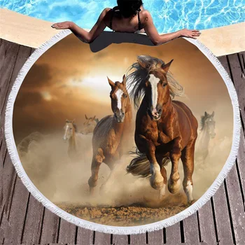 

ONGLYP Round Beach Towel 3D Horse Cow Beach Blanket Roundie Swimming Bath Towel Tapestry Home Wall Hanging Yoga Mat with Tassel