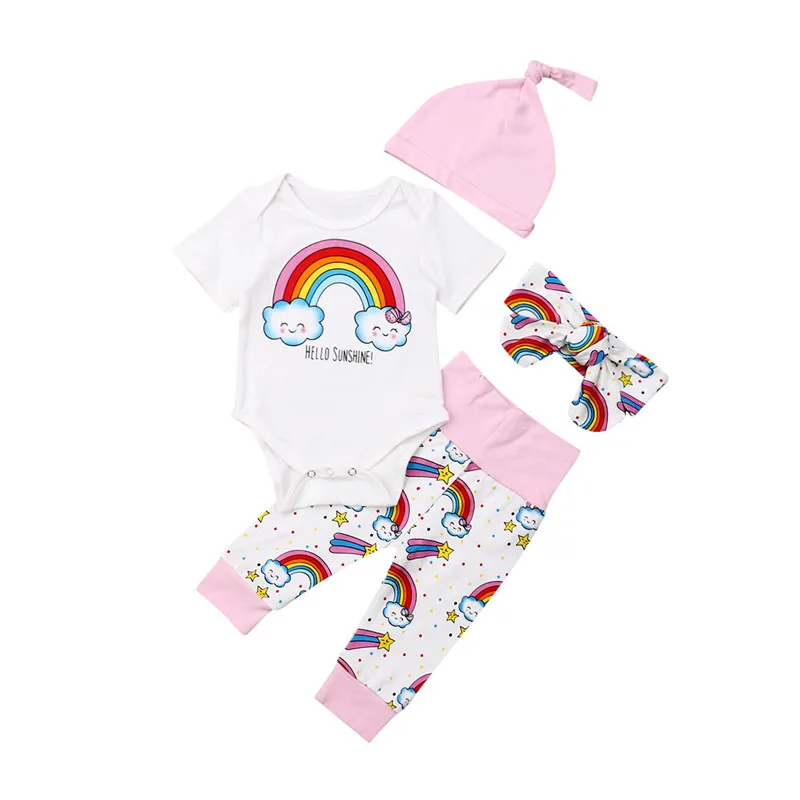 

4Pcs Baby Romper Top+Pants+Hat+Headband Jumpsuit Rainbow Smile Cotton Toddler Clothing Infant Rompers Kids Playsuits Jumpsuits