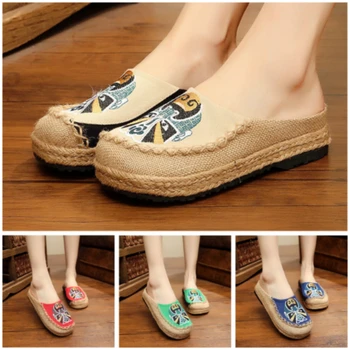 

Kids Shoes for Big Girls Leisure Children New Fall Flats Cotton Hemp Upper Peking Opera Mask Printing Embroidered Ethnic Shoes