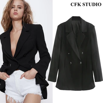 

Za Women Blazer with Single Button Solid Long Sleeve Casual Loose Coat Femme Spring Autumn Office Wear Elegant Black Jacket Coat