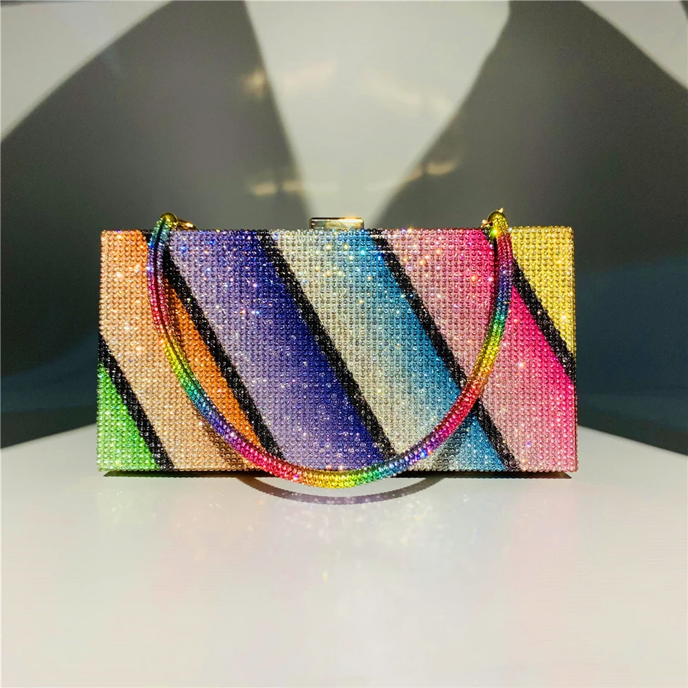 Front View of Luxy Moon Rectangular Rainbow Evening Bag with Handle in Slashed Color Bar