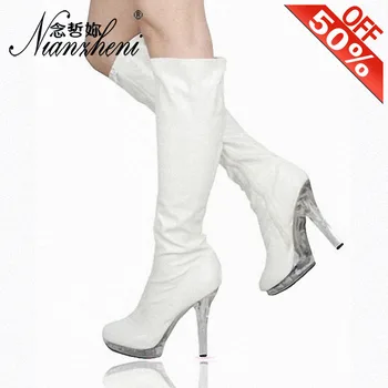 

13cm Thigh High Boots Thin Heels Crystal Fashion Women Boots 5 Inch Knee High Boots White Boots Stivali Donna Winter Female Show