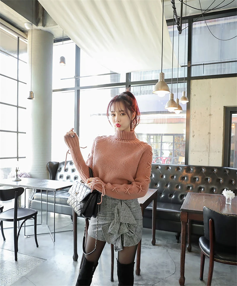 BGTEEVER Winter Thick Turtleneck Knitted Jumpers for Women Sweater Fashion Cross Lace Up Winter Sweater Female Pullovers