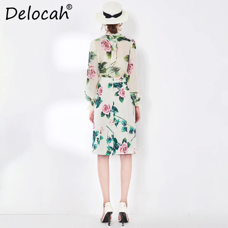 Delocah, весенне-летний женский костюм, подиумная модная дизайнерская рубашка с длинным рукавом и простым бантом и принтом розы+ тонкая женская юбка, два комплекта