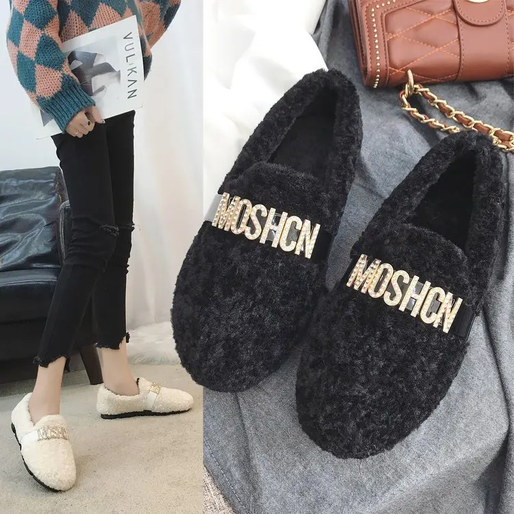 

2019 Winter New Style Fashion Furry Moccosins Women's Winter plus Velvet Outer Wear Cotton Scoop Shoes Network Red Lambs Wool Sl