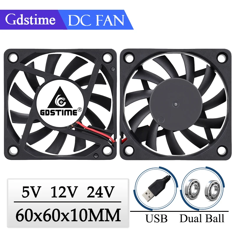 Gdstime-ventilador de Refrigeração sem Escova Peças 2pin dc 5v 12v 24 v 6cm 60x60x10 mm 60 mm Rolamento de Esferas Duplo Ventilador de Refrigeração sem Escova
