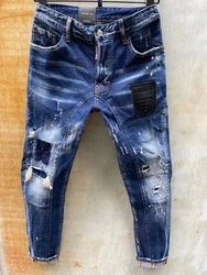 Dsquared2 de tendencia de moda para hombres, Jeans de moto lavados, desgastados, con agujeros, puntos de pintura, T121 #, 2021