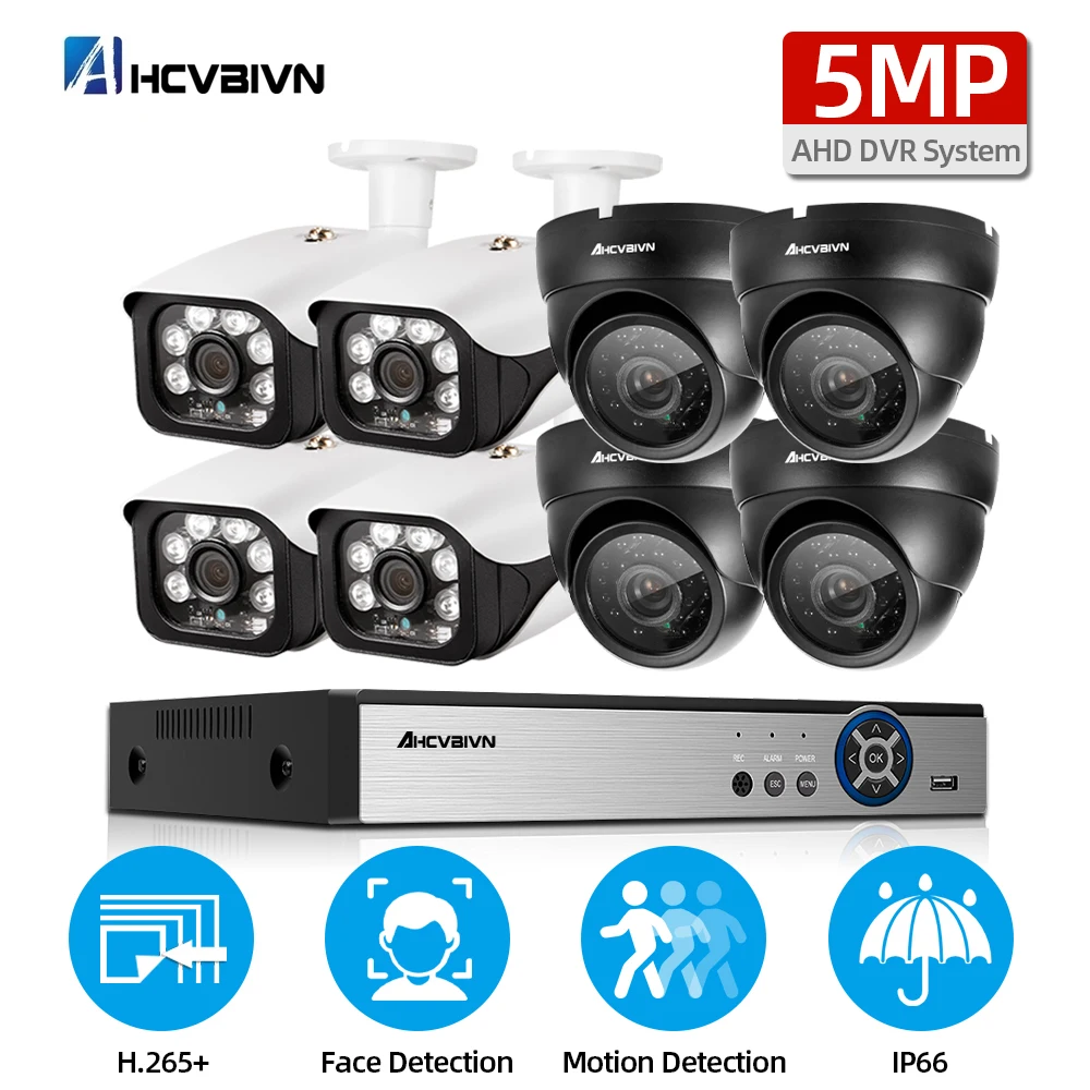 Sistema Di Telecamere Di Sicurezza 5Mp Riconoscimento Facciale 8Ch Ahd Dvr Kit 4/8 * 5Mp Hd Telecamera Cctv Per Esterni P2P Set Di Sistemi Di Videosor