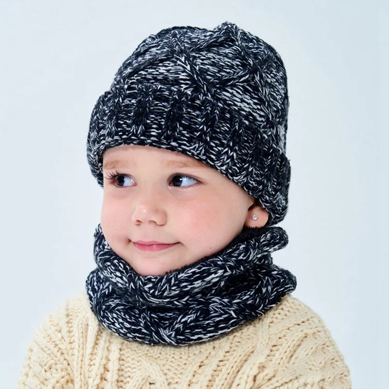 Плотный зимний детский шарф, шапка, теплый комплект для мальчиков и девочек, шапка, шарф, костюм, Вязаная хлопковая шапочка, аксессуары для малышей - Цвет: BK