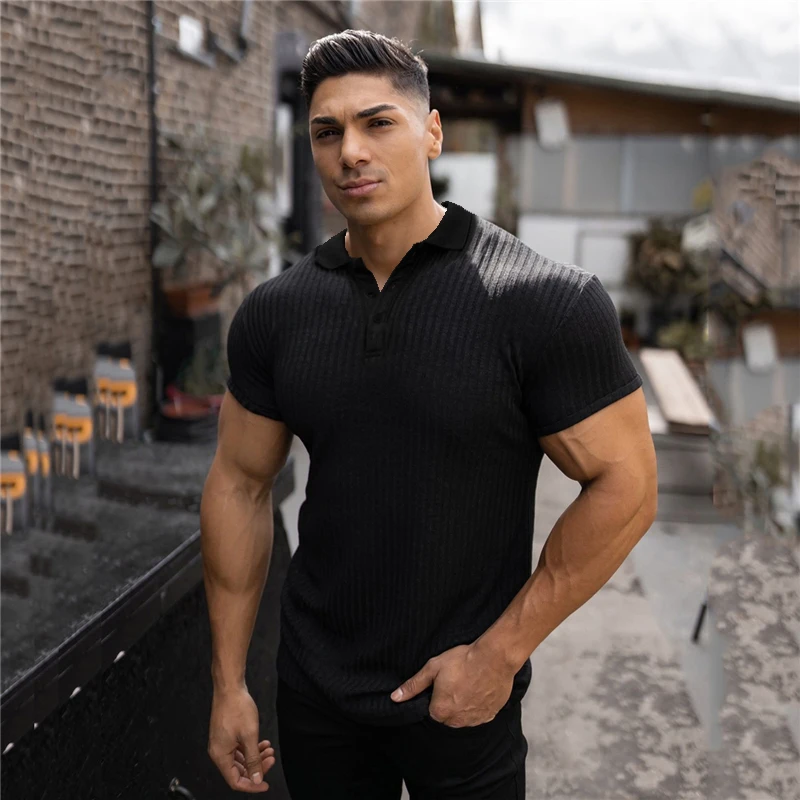 Gym Knitted Polo Shirt Men Fitness 