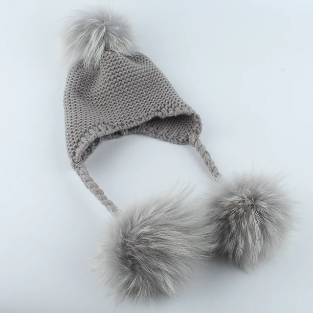 Winter Baby Beanie Hat Children Earflap Cap Kids 3 Pompom Fur Wool Hat Natural Real Fur Pom Pom Hat For Girls Boys 2